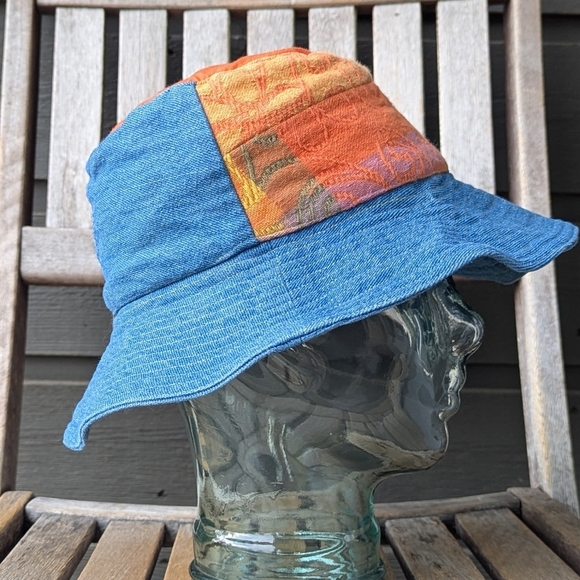 Handmade Patchwork Tapestry Denim Bucket Hat Unisex Blue Orange Pink Yellow - Picture 3 of 7